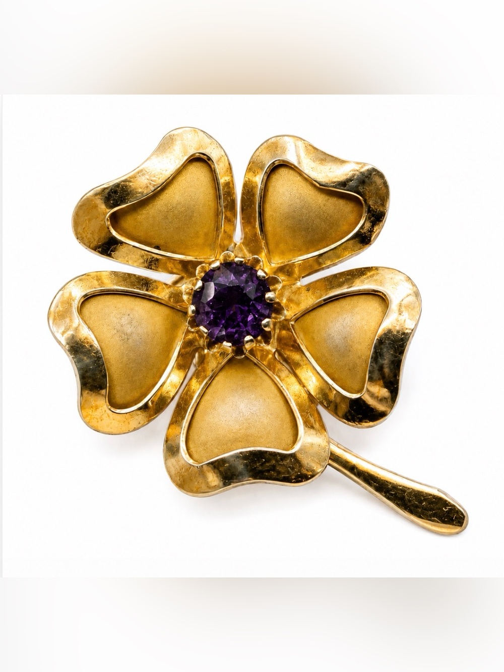Coro Flower Shape Gold Tone Purple Stone 3D Brooch Pin Signed